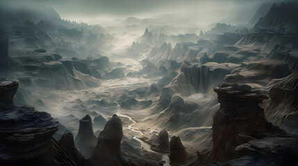 A surreal and breathtaking image of an landscape, featuring towering rock formations and deep, twisting canyons shrouded in thick, swirling mists. AI Generated