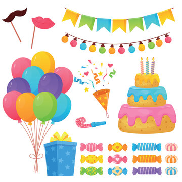 Vector bright cartoon image of a festive set. Balloons, flags, candles. The concept of parties, festivals and fun. A colorful element for your design.