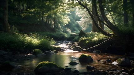 A tranquil summer forest landscape, with a babbling brook and soft sunlight filtering through the trees. AI Generated