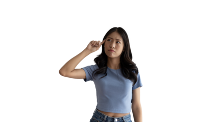 Young Asian woman thinking hard or planning to do something, Overthinking or worrying, Have a headache, Migraine, Stress, Free space for advertising or promoting products, Copy space, Enter text.