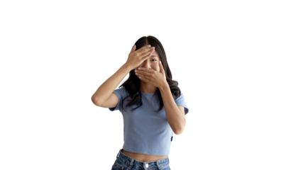 Young woman covering her face and eyes with her hands isolated, Cover your eyes with your hands for fear or prying eyes, Sneak peek, PNG file.