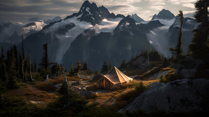 An awe-inspiring mountain landscape photo with a cozy tent nestled in a clearing, surrounded by towering trees and snow-capped peaks. AI Generated