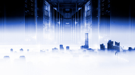 3d render Urban innovation and information technology concept. Double exposure. Abstract blue digital city with power lines and data center Equipment.