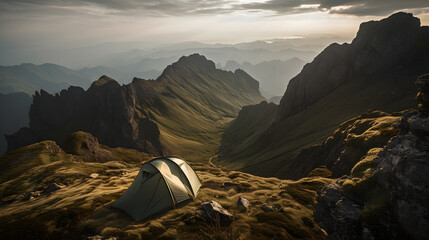 An awe-inspiring photograph of a tent perched on the edge of a mountain peak, overlooking a stunning vista of rugged peaks and rolling hills. AI Generated