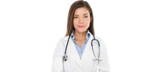 Medical people: Young Asian doctor woman. Female medical doctor smiling portrait. Multiracial Asian / Caucasian woman medical professional isolated on white background.
