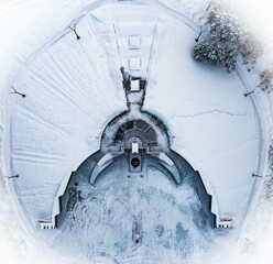 view of the monument to fallen heroes from the throne vertically down, winter landscape...