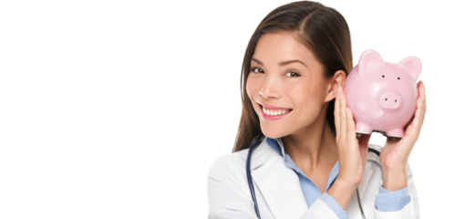 Healthcare concept - doctor holding piggy bank. Health care concept. Medical insurance or similar. Happy doctor woman shaking piggy bank looking smiling. Nurse or physician money concept isolated.
