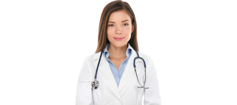 Medical people: Young Asian doctor woman. Female medical doctor smiling portrait. Multiracial Asian / Caucasian woman medical professional isolated on white background.