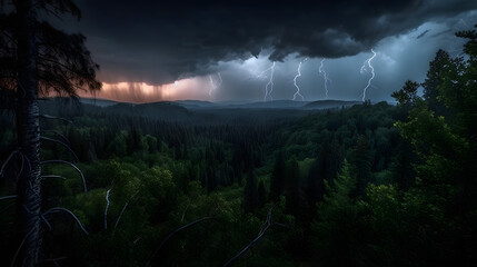 The untamed power and majesty of a thunderstorm as it unleashes its fury upon a serene forest landscape. AI Generated