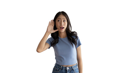 Asian woman eavesdropping or overhearing secret conversation isolated on background, Gossip,...
