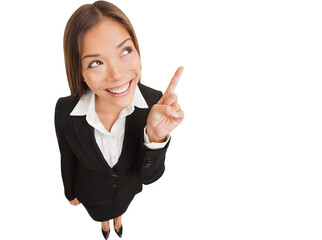 Business woman pointing showing and looking to the side up at empty copyspace. Multi ethnic Asian Chinese / Caucasian female businesswoman standing isolated on white background in full body length.

