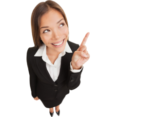 Business woman pointing showing and looking to the side up at empty copyspace. Multi ethnic Asian Chinese / Caucasian female businesswoman standing isolated on white background in full body length.
