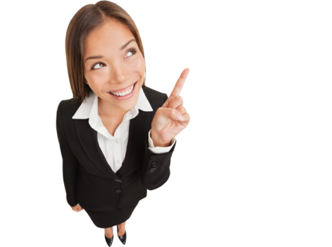 Business woman pointing showing and looking to the side up at empty copyspace. Multi ethnic Asian Chinese / Caucasian female businesswoman standing isolated on white background in full body length.
