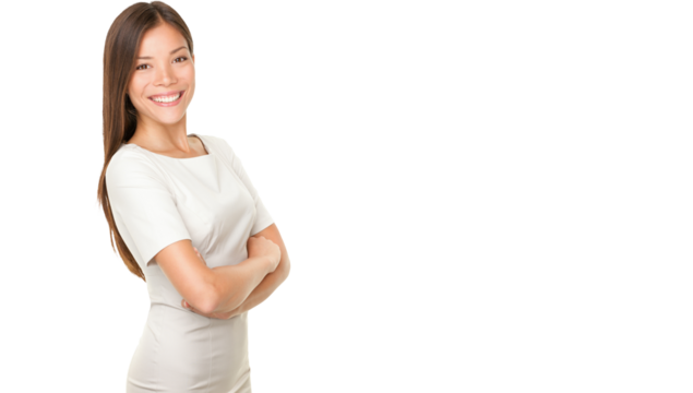 Asian woman portrait smiling happy with arms crossed proud. Young casual female professional businesswoman isolated on white background. Multicultural Asian / Caucasian model.
