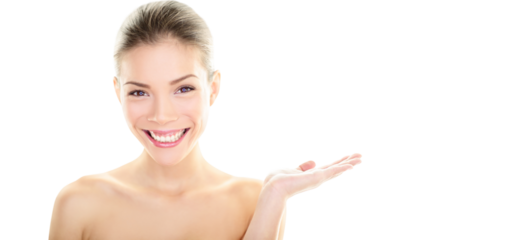 Body skincare care beauty Asian woman showing product on side with open hand. Healthy glowing skin on multi-ethnic Chinese / Caucasian girl presenting and displaying isolated on white background.
