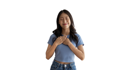 Asian woman smiling happily isolated on png file background, Woman loves and rejoices herself, Contented, Pure love, Love myself, Proud of yourself, Self-made happiness, Painting Therapy with a smile.