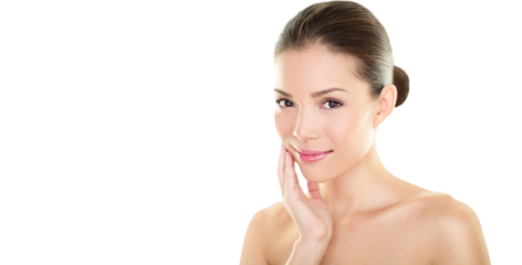 Beautiful Asian beauty woman touching perfect face skin laughing happy. Healthy skincare concept with candid smiling girl smiling at camera. Body care concept. Fresh mixed race Asian Caucasian 20s.
