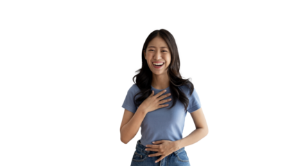 Asian woman smiling happily isolated on png file background, Woman loves and rejoices herself, Contented, Pure love, Love myself, Proud of yourself, Self-made happiness, Painting Therapy with a smile.