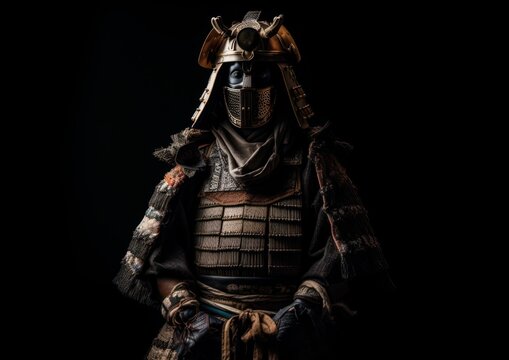 Portrait of Samurai with armor and helmet. Generative AI.