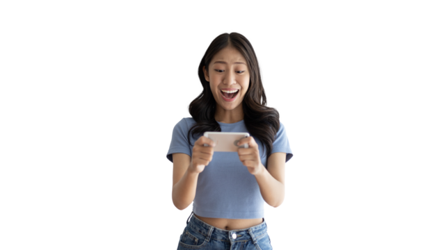 Asian woman playing games on mobile phone and wearing headphones having fun, Play games on the sofa in the living room on weekends, Resting at home, Comfort zone, Touch screen mobile phone. - Powered by Adobe