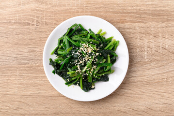 Korean spinach salad (Sigeumchi namul), Korean side dish, Table top view