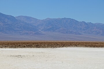 Badwater Basin, the lowest point in North America, sits in Death Valley in California. It is covered largely in salt flats from an ancient lake.
