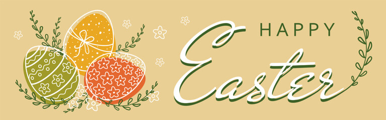 Happy Easter banner with hand drawn colored Easter eggs isolated on gold background. Creative decorative frame template, greeting card. Vector illustration in doodle style.