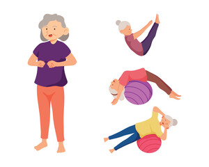 Old aged people doing Yoga exercise in cartoon character
