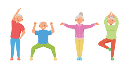 Old aged people doing Yoga exercise in cartoon character