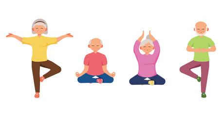 Old aged people doing Yoga exercise,in cartoon character