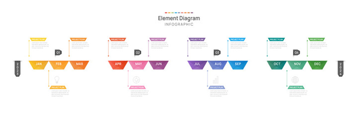 Infographic template for business. 12 Months modern Timeline element diagram calendar, 4 quarter steps milestone presentation vector infographic.