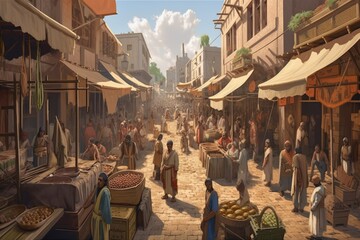 ancient egypt street market landscape illustration, ai generated - obrazy, fototapety, plakaty