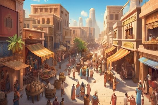 ancient egypt street market landscape illustration, ai generated