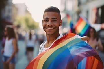 handsome black gay man smiling queer LGBTQIA+ LGBT people walking in the street during the gaypride pride, they look fierce, enhanced and reworked ai generated scene with not real models - obrazy, fototapety, plakaty