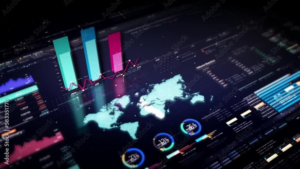 Fototapete Business stock market, trading, info graphic with animated graphs, charts and data numbers insight analysis to be shown on monitor display screen for business meeting mock up theme