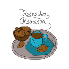 One continuous line drawing of food in plates and one glass drink for iftar ramadan. arabian food in simple linear style. food for  iftar ramadan celebration design concept. Vector illustration