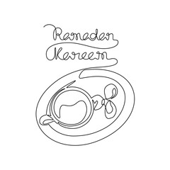 One continuous line drawing of dates in plates and one glass drin for iftar ramadan. arabian food in simple linear style. food for  iftar ramadan celebration design concept. Vector illustration