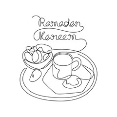 One continuous line drawing of food in plates and one glass drink for iftar ramadan. arabian food in simple linear style. food for  iftar ramadan celebration design concept. Vector illustration