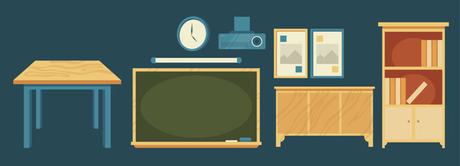 Set Collection Classroom Element. clocks, Chalkboard, Bookshelf, figuras,
