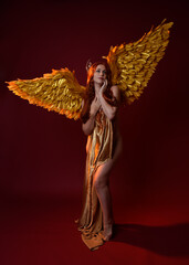 Full length portrait of beautiful woman model with long red hair, gold silk robes, crown & fantasy...