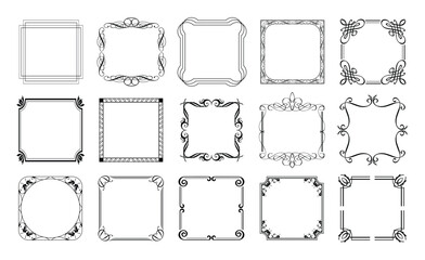 Decorative gold frames. Retro ornamental frame, vintage square ornaments and ornate border. Decorative wedding frames, antique museum image borders. Isolated vector icons set