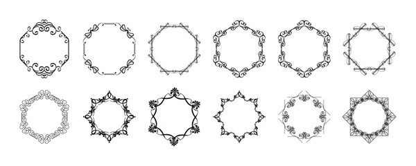 Decorative vintage calligraphic black frames and borders. Retro elegant ornamental frame, ornaments. Wedding frame, invitation card, menu, badge, picture border, deco divider. Isolated icon vector set