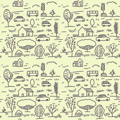 seamless pattern car and tree doodle hand drawn