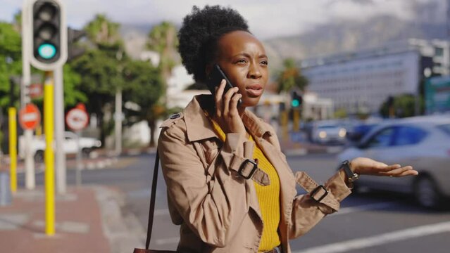 Angry, phone call and woman in the city late for work with stress and frustrated communication. Conversation, young female and urban street of a person feeling anger outdoor waiting for a taxi