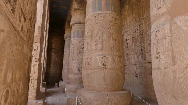 Hieroglyphs columns in the peristyle court in Mortuary Temple of Ramesses III, Medinet Habu, Luxor