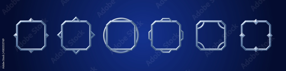 Poster fantasy game avatar frames. ui square elements with silver border in medieval style. empty metal fra