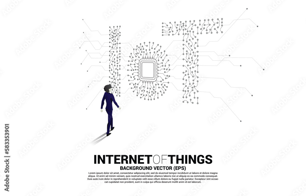 Aufkleber Silhouette of businessman walking with CPU processor on center of IoT wording from Circuit dot and line graphic style. Concept for internet of Things Technology.
