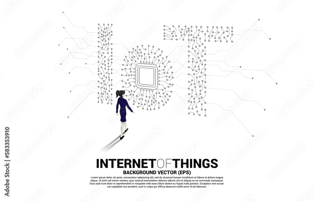 Aufkleber Silhouette of businesswoman walking with CPU processor on center of IoT wording from Circuit dot and line graphic style. Concept for internet of Things Technology.