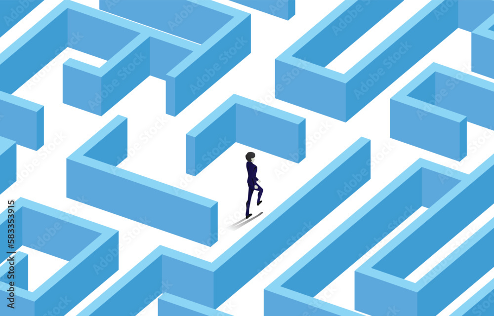 Poster silhouette of businessman walking at center of maze. business concept for problem solving and soluti