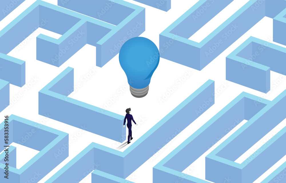 Aufkleber Silhouette of Businessman walking in the maze finding way to light bulb. Concept for problem solving,solution strategy and idea.